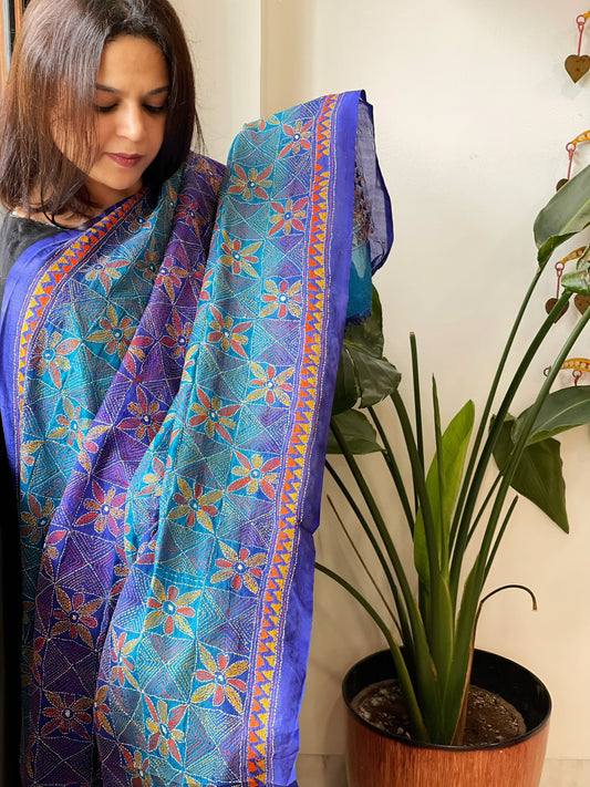 Blue, Dark Blue Handmade Kantha Dupatta in Silk