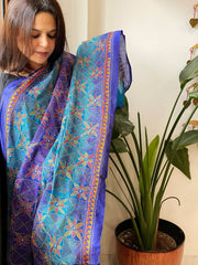 Blue, Dark Blue Handmade Kantha Dupatta in Silk