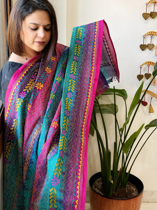 Blue, Pink Handmade Kantha Dupatta in Silk