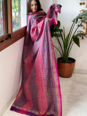 Purple, Pink Handmade Kantha Dupatta in Silk