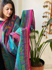 Blue, Pink Handmade Kantha Dupatta in Silk