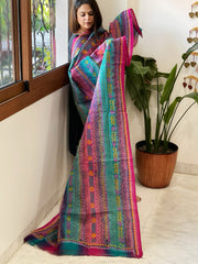 Blue, Pink Handmade Kantha Dupatta in Silk