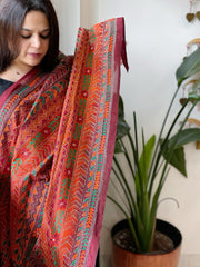 Orange, Maroon Handmade Kantha Dupatta in Silk