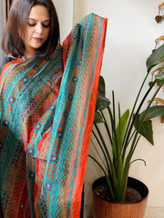 Teal, Orange Handmade Kantha Dupatta in Silk