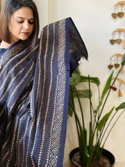 Dark Blue Handmade Kantha Dupatta in Silk