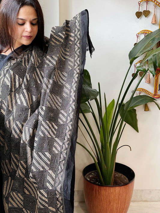 Black Handmade Kantha Dupatta in Silk
