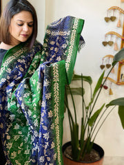 Green, Blue Handmade Kantha Dupatta in Silk