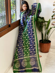 Green, Blue Handmade Kantha Dupatta in Silk