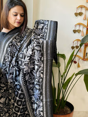 Black Handmade Nakshi Kantha Dupatta in Pure Silk