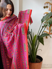 Pink, Orange Handmade Kantha Dupatta in Silk