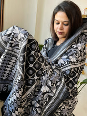 Black Handmade Nakshi Kantha Dupatta in Pure Silk
