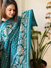 Sea Blue Handmade Nakshi Kantha Dupatta in Pure Silk