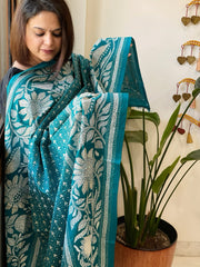 Sea Blue Handmade Nakshi Kantha Dupatta in Pure Silk