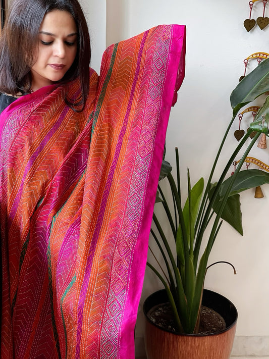 Orange, Pink Handmade Kantha Dupatta in Silk