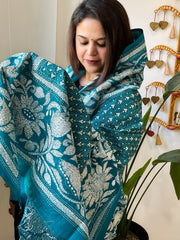 Sea Blue Handmade Nakshi Kantha Dupatta in Pure Silk