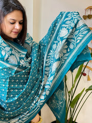 Sea Blue Handmade Nakshi Kantha Dupatta in Pure Silk