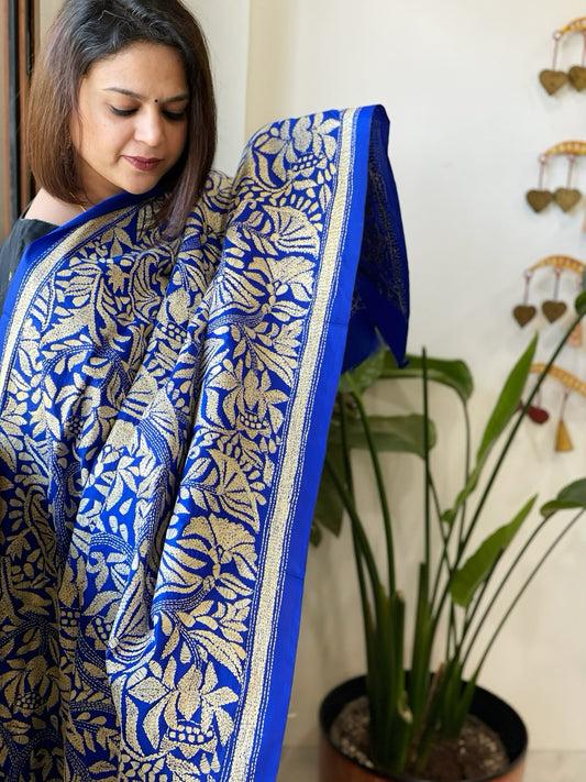 Royal Blue Handmade Nakshi Kantha Dupatta in Pure Silk