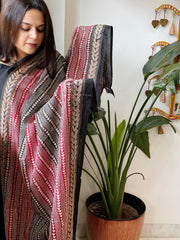 Black, Red Handmade Kantha Dupatta in Silk