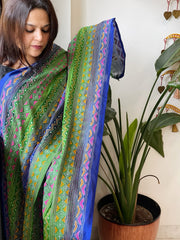Green, Blue Handmade Kantha Dupatta in Silk