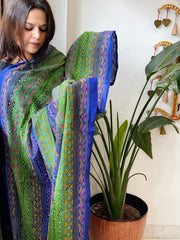 Green, Blue Handmade Kantha Dupatta in Silk
