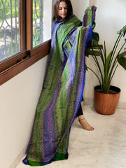 Green, Blue Handmade Kantha Dupatta in Silk
