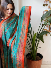 Orange, Teal Handmade Kantha Dupatta in Silk