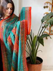 Orange, Teal Handmade Kantha Dupatta in Silk