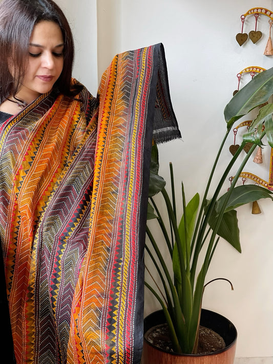 Mustard, Black Handmade Kantha Dupatta in Silk