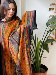 Mustard, Black Handmade Kantha Dupatta in Silk