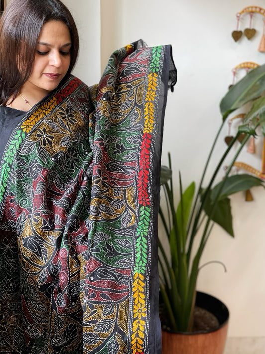 Black Handmade Reverse Kantha Dupatta in Silk