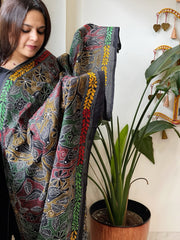 Black Handmade Reverse Kantha Dupatta in Silk
