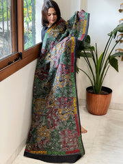 Black Handmade Reverse Kantha Dupatta in Silk