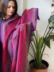 Pink, Purple Handmade Kantha Dupatta in Silk