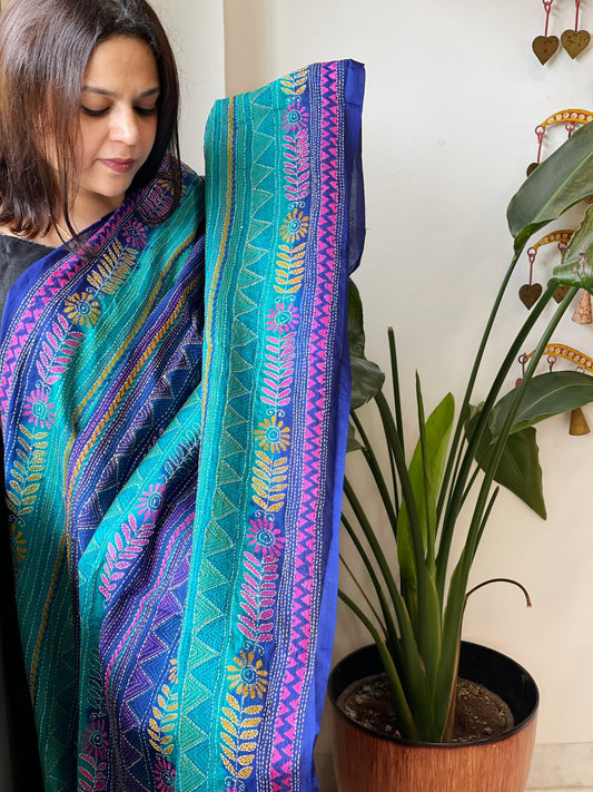 Turquoise, Blue Handmade Kantha Dupatta in Silk