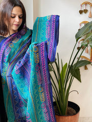 Turquoise, Blue Handmade Kantha Dupatta in Silk