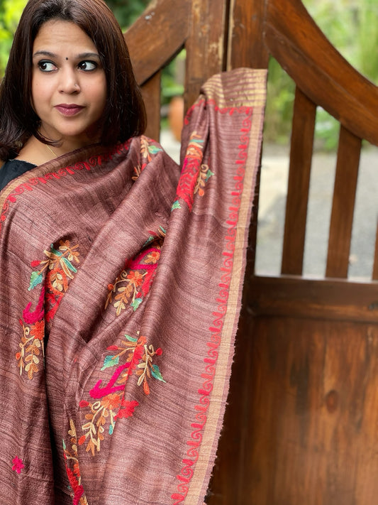 Lite Brown Kashmiri Aari Embroidered Dupatta in Geecha Silk