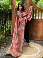 Lite Brown Kashmiri Aari Embroidered Dupatta in Geecha Silk