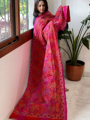 Orange, Pink Handmade Kantha Dupatta in Silk