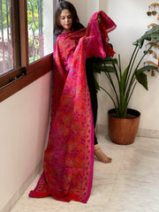 Orange, Pink Handmade Kantha Dupatta in Silk