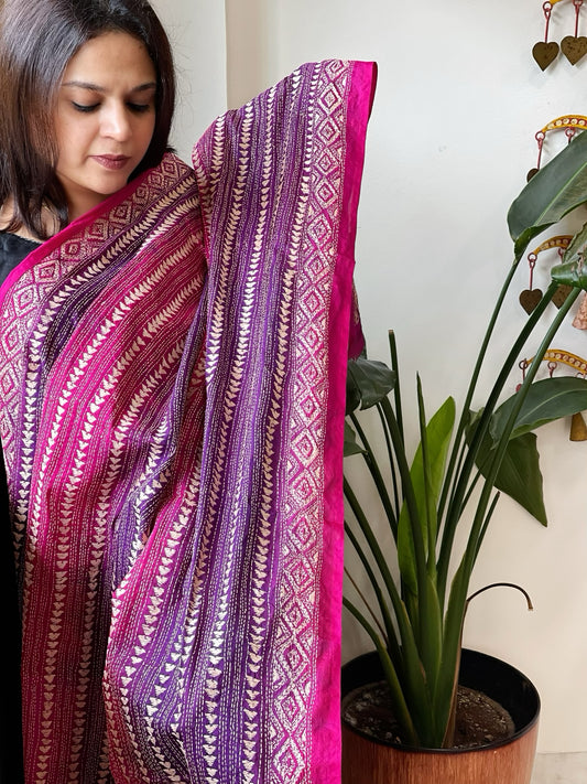 Pink, Purple Handmade Kantha Dupatta in Silk