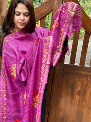 Purple Kashmiri Aari Embroidered Dupatta in Geecha Silk