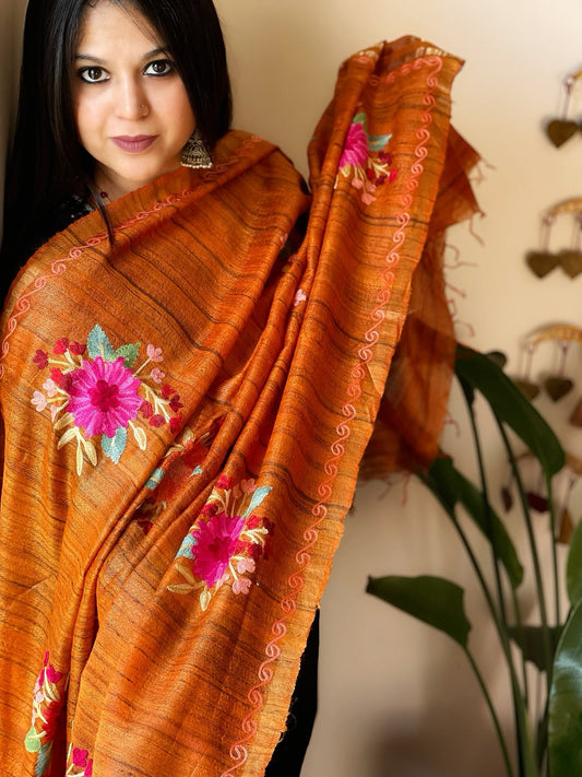 Orange Kashmiri Aari Embroidered Dupatta in Geecha Silk