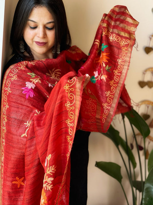 Orangish Red Kashmiri Aari Embroidered Dupatta in Geecha Silk