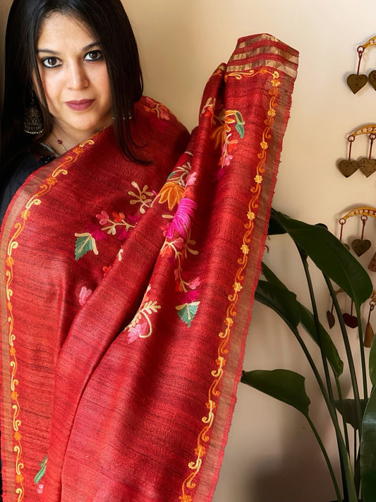 Orangish Red Kashmiri Aari Embroidered Dupatta in Geecha Silk