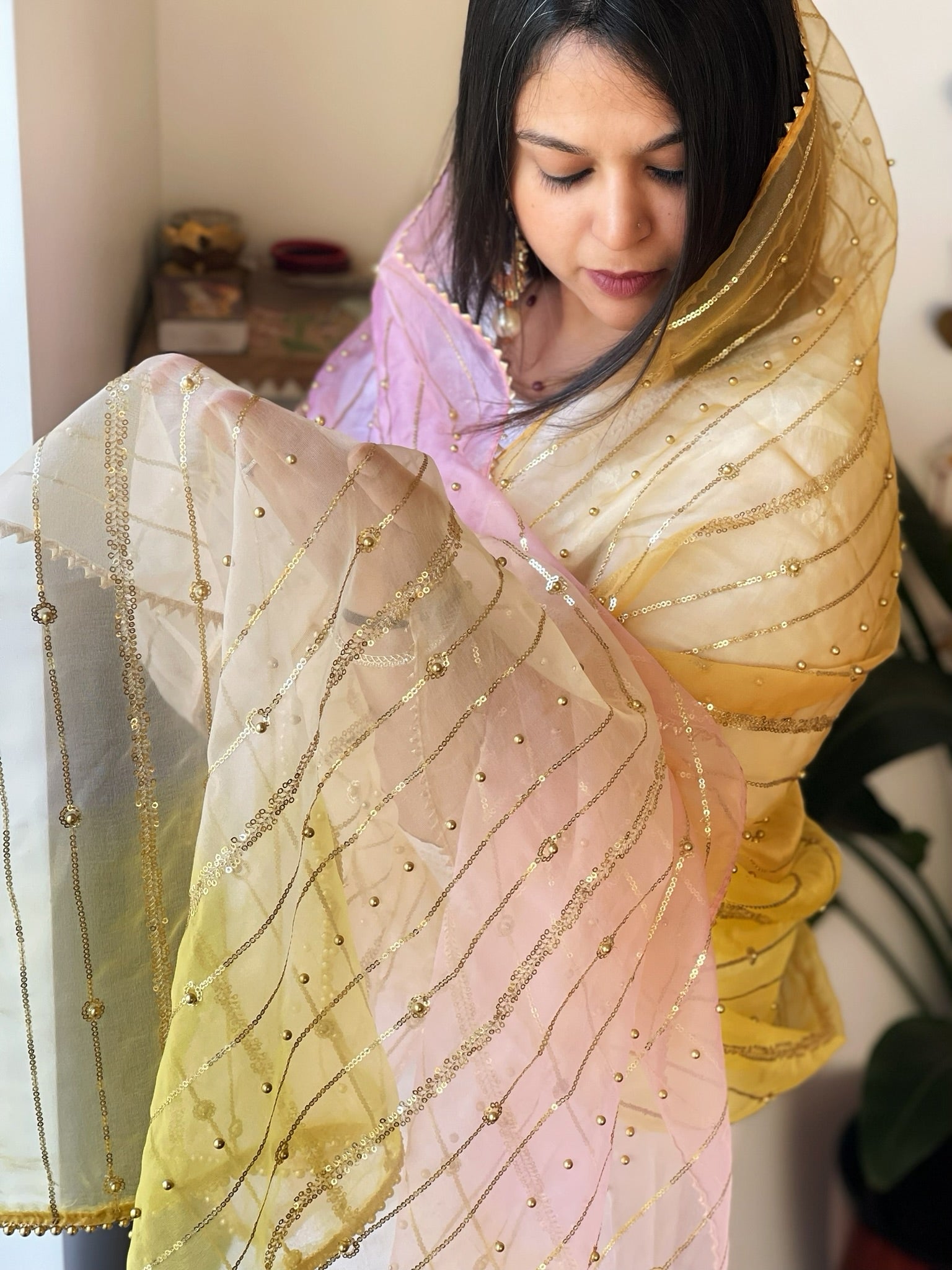 Organza Dupatta with Gold Pearl & Sequin Work