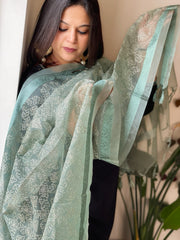 Organza Dupatta with Gold Thread Jaal Embroidery in Aqua Blue Color
