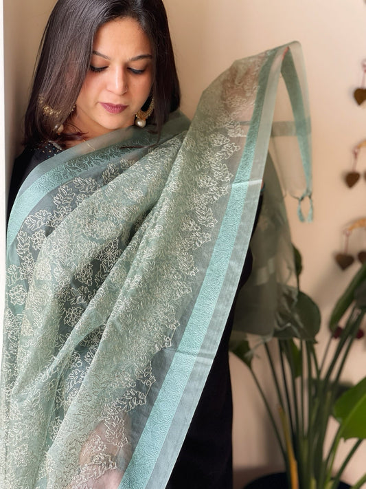 Organza Dupatta with Gold Thread Jaal Embroidery in Aqua Blue Color