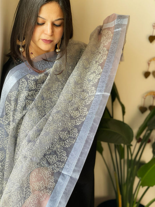 Organza Dupatta with Gold Thread Jaal Embroidery in Blue Color