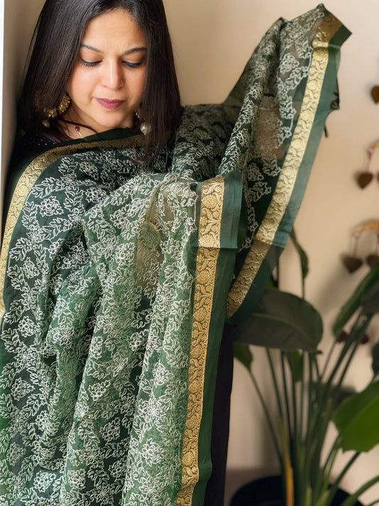 Organza Dupatta with Gold Thread Jaal Embroidery in Bottle Green Color