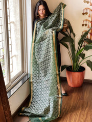 Organza Dupatta with Gold Thread Jaal Embroidery in Bottle Green Color